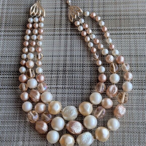 Vintage Triple Strand Japan Signed Faux Pearl, Crystal, Silk,Glass Bead Necklace - Picture 5 of 7